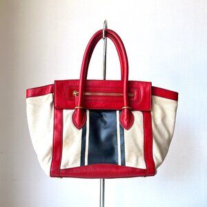 J. Crew Large Red Beige and Navy Canvas Tote Shoulder Bag with Leather Trim